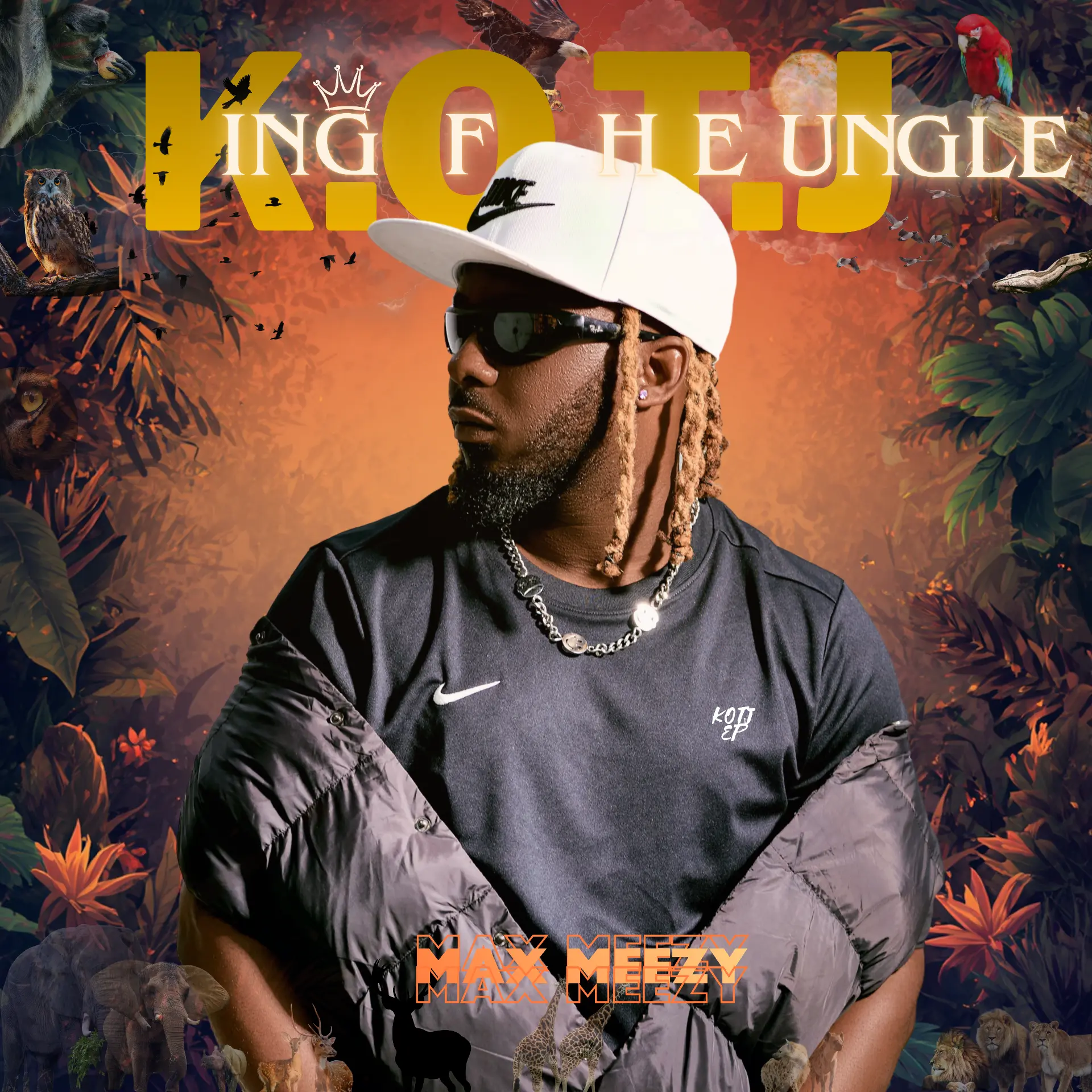 KOTJ album artwork: Max Meezy in a white cap and dark sunglasses, lit by a warm amber glow and framed by jungle foliage, animals and the lettering K.O.T.J — King of the Jungle