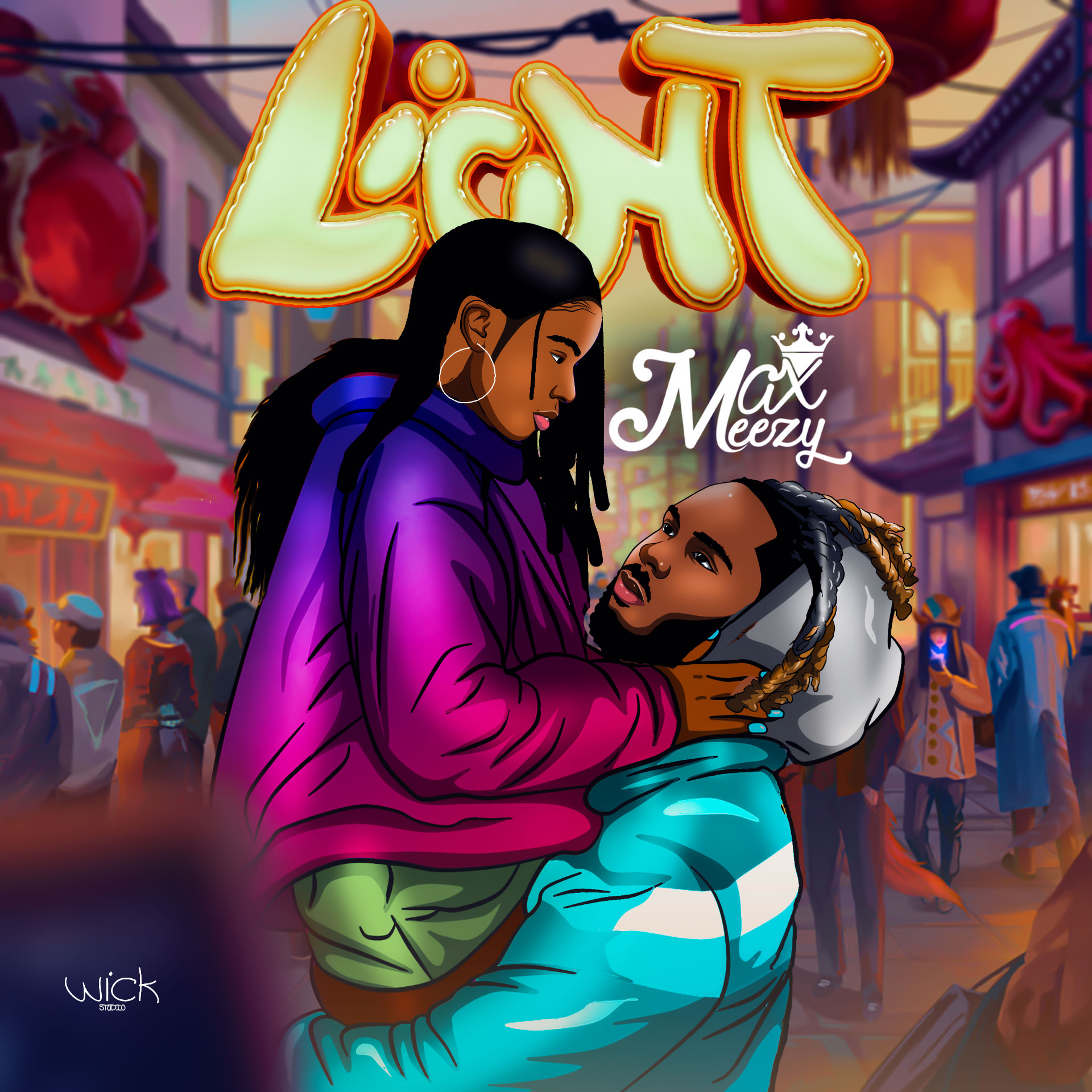 Light single artwork: Max Meezy holding a woman in his arms on a neon-lit night street, with LIGHT in glowing graffiti-style lettering across the top, his name in white script and the wick STUDIO mark